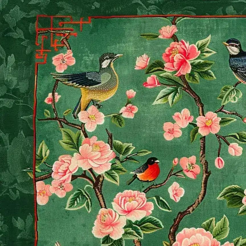 This vibrant area rug features a detailed floral design with birds perched on blossoming branches, set against a rich green background. The wool rug's intricate pattern brings a touch of nature into large living rooms, making it a perfect square area rug choice for enhancing any living space.