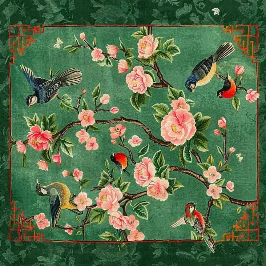 Exquisite hand-tufted wool area rug featuring a vibrant floral pattern with colorful birds, perfect for adding elegance to large living rooms. This square area rug showcases intricate details, making it an ideal choice for those seeking a stylish wool rug for their living room.