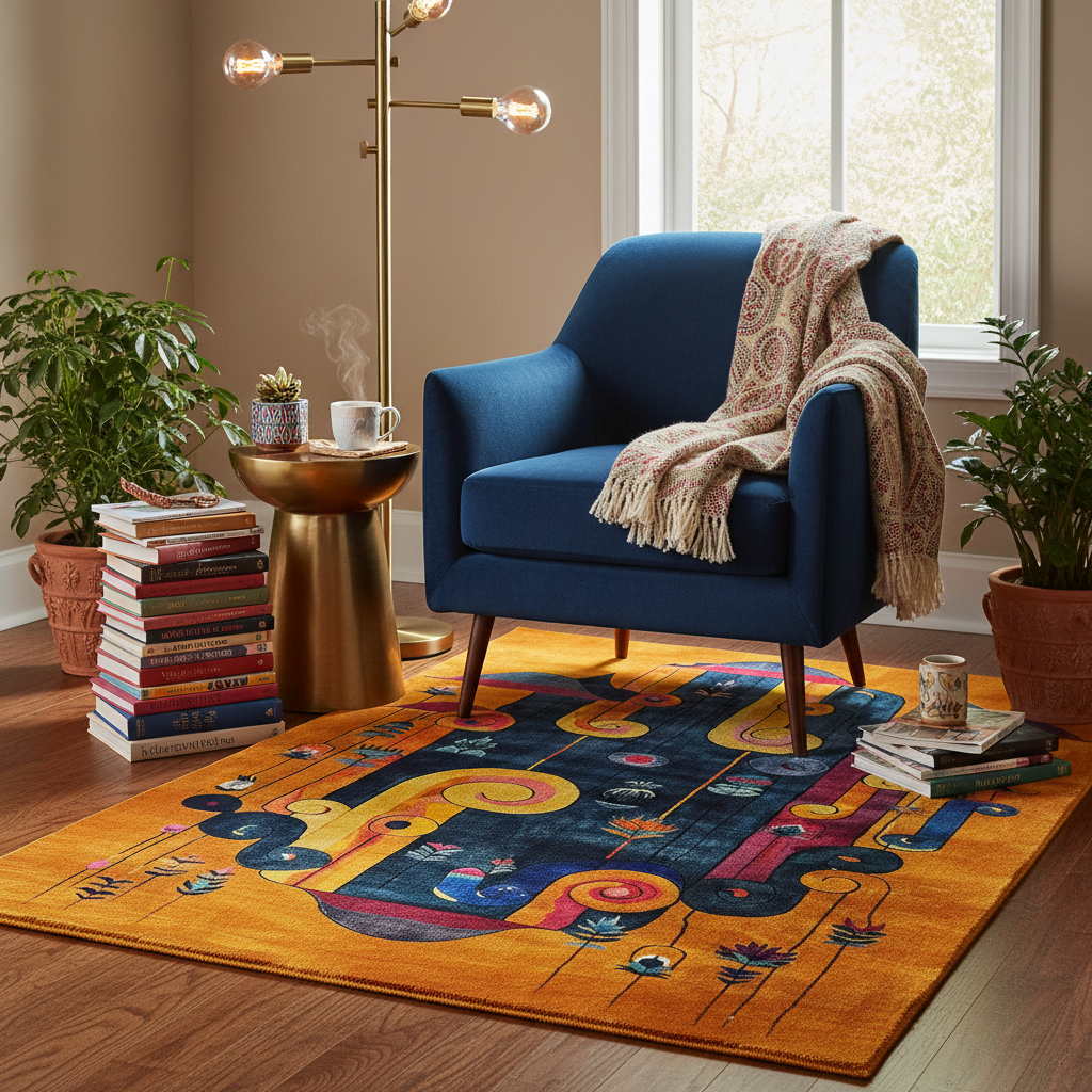 Vibrant Vortex rug in a cozy reading nook beneath a navy armchair; orange ground with bold dark navy swirl and amber red stripe