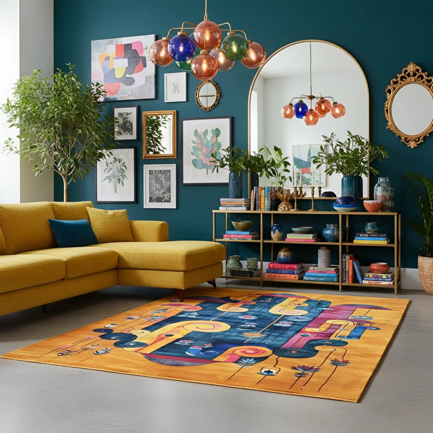 Vibrant Vortex rug in-room on teal living room floor under a yellow sofa; orange ground with dark navy abstract swirl and pink band design