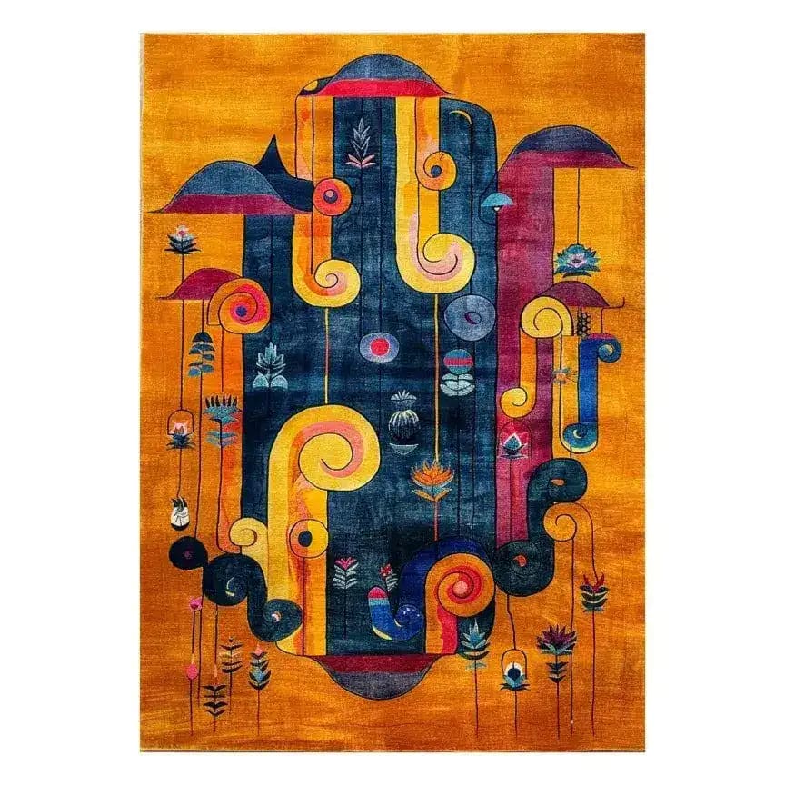 Vibrant Vortex Hand Tufted Wool Rug featuring an abstract design with colorful swirls and floral patterns, perfect for adding a contemporary touch to dining room area rugs or as a stylish wool rug option for offices.