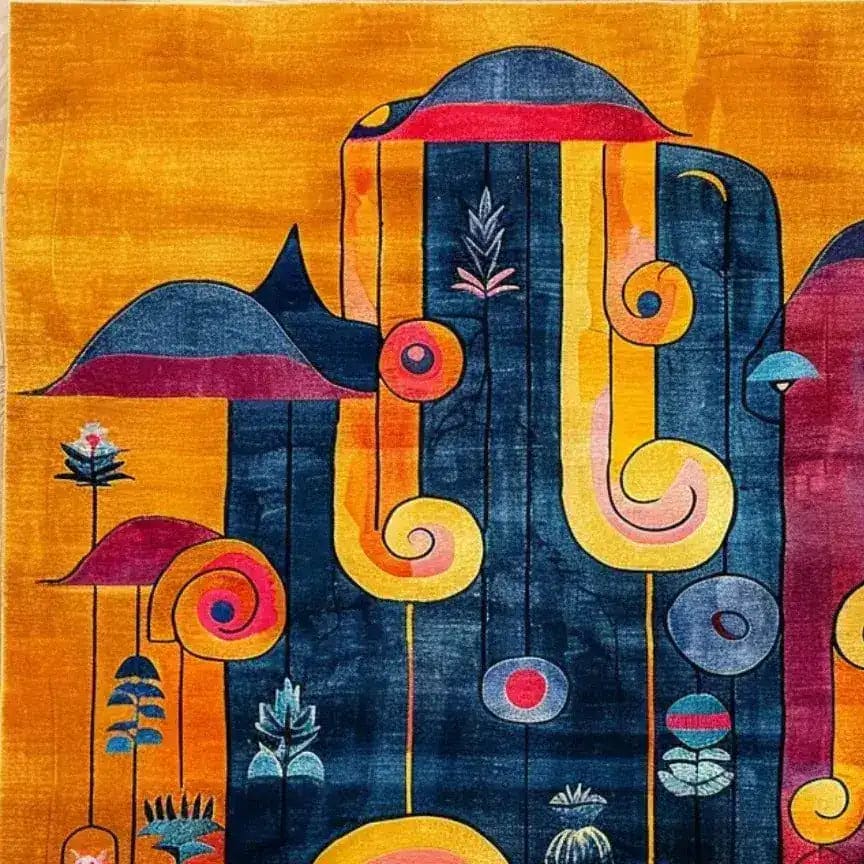 A vibrant and colorful hand-tufted wool rug with abstract patterns in rich shades of blue, red, orange, and yellow. Perfect for adding a contemporary touch to a dining room or office, this area rug combines artistic flair with functionality.