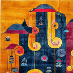 A vibrant and colorful hand-tufted wool rug with abstract patterns in rich shades of blue, red, orange, and yellow. Perfect for adding a contemporary touch to a dining room or office, this area rug combines artistic flair with functionality.