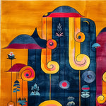 A vibrant and colorful hand-tufted wool rug with abstract patterns in rich shades of blue, red, orange, and yellow. Perfect for adding a contemporary touch to a dining room or office, this area rug combines artistic flair with functionality.