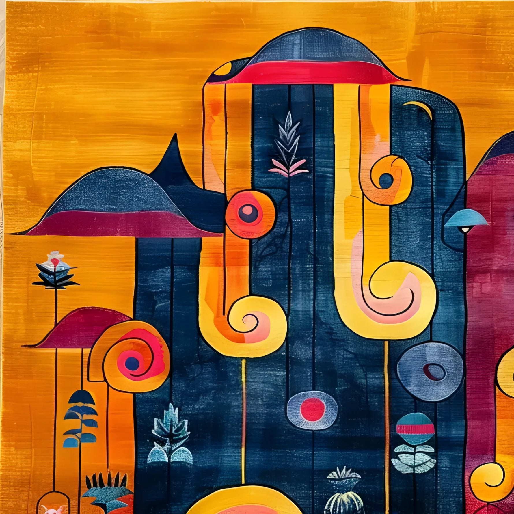 A vibrant and colorful hand-tufted wool rug with abstract patterns in rich shades of blue, red, orange, and yellow. Perfect for adding a contemporary touch to a dining room or office, this area rug combines artistic flair with functionality.