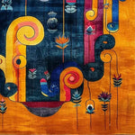 Vibrant Vortex Hand Tufted Wool Rug featuring a lively abstract design with swirling patterns in bold colors like yellow, blue, and red, set against a dark background. Perfect for contemporary dining rooms or offices, this area rug adds a touch of artistic flair to any space.