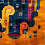 Vibrant Vortex Hand Tufted Wool Rug featuring a lively abstract design with swirling patterns in bold colors like yellow, blue, and red, set against a dark background. Perfect for contemporary dining rooms or offices, this area rug adds a touch of artistic flair to any space.