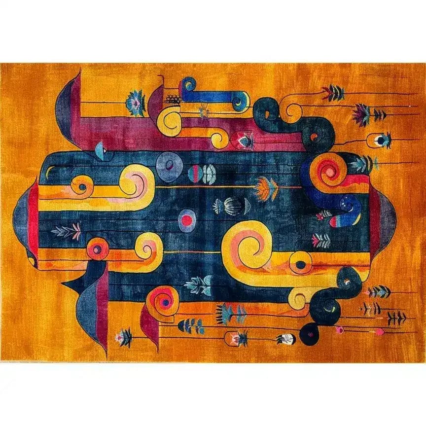 Vibrant Vortex Hand Tufted Wool Rug featuring an abstract design with swirling patterns in bold colors like orange, blue, and yellow. Ideal for adding a contemporary touch to dining rooms or offices, this area rug combines artistic flair with functionality, making it perfect for dining room area rugs or rugs for office spaces.