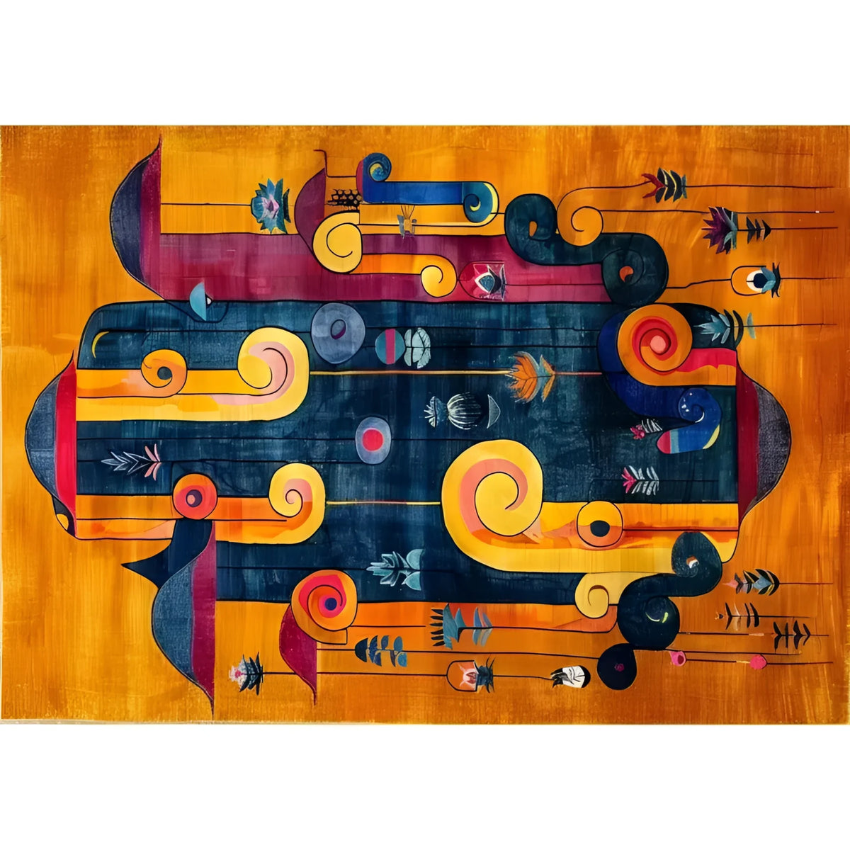 Vibrant Vortex Hand Tufted Wool Rug featuring an abstract design with swirling patterns in bold colors like orange, blue, and yellow. Ideal for adding a contemporary touch to dining rooms or offices, this area rug combines artistic flair with functionality, making it perfect for dining room area rugs or rugs for office spaces.