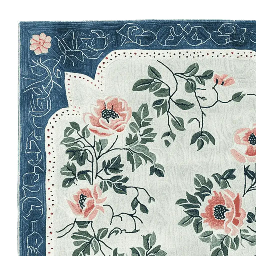 Close-up view of a Victorian Floral Dance Hand Tufted Area Rug, showcasing delicate pink flowers and lush green leaves against a soft background. Ideal for adding elegance to living room spaces, this 8x10 wool floral rug features intricate border details, perfect for those seeking stylish area rugs for their home.