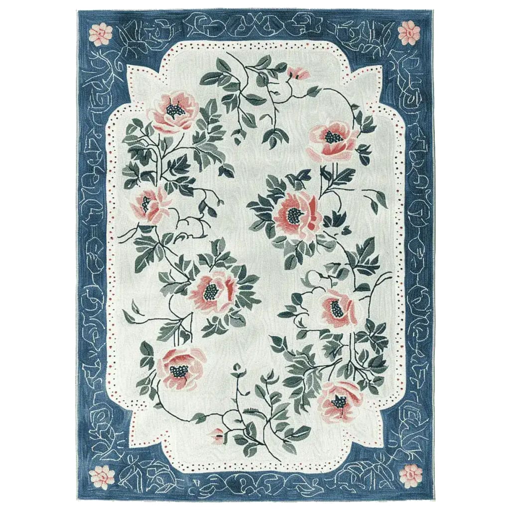 This elegant Victorian Floral Dance Hand Tufted Area Rug features a beautiful floral design with pink blossoms and green leaves on a cream background, framed by an intricate blue border. Perfect for enhancing any living room, this 8x10 wool rug combines classic charm with modern style.