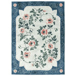 This elegant Victorian Floral Dance Hand Tufted Area Rug features a beautiful floral design with pink blossoms and green leaves on a cream background, framed by an intricate blue border. Perfect for enhancing any living room, this 8x10 wool rug combines classic charm with modern style.