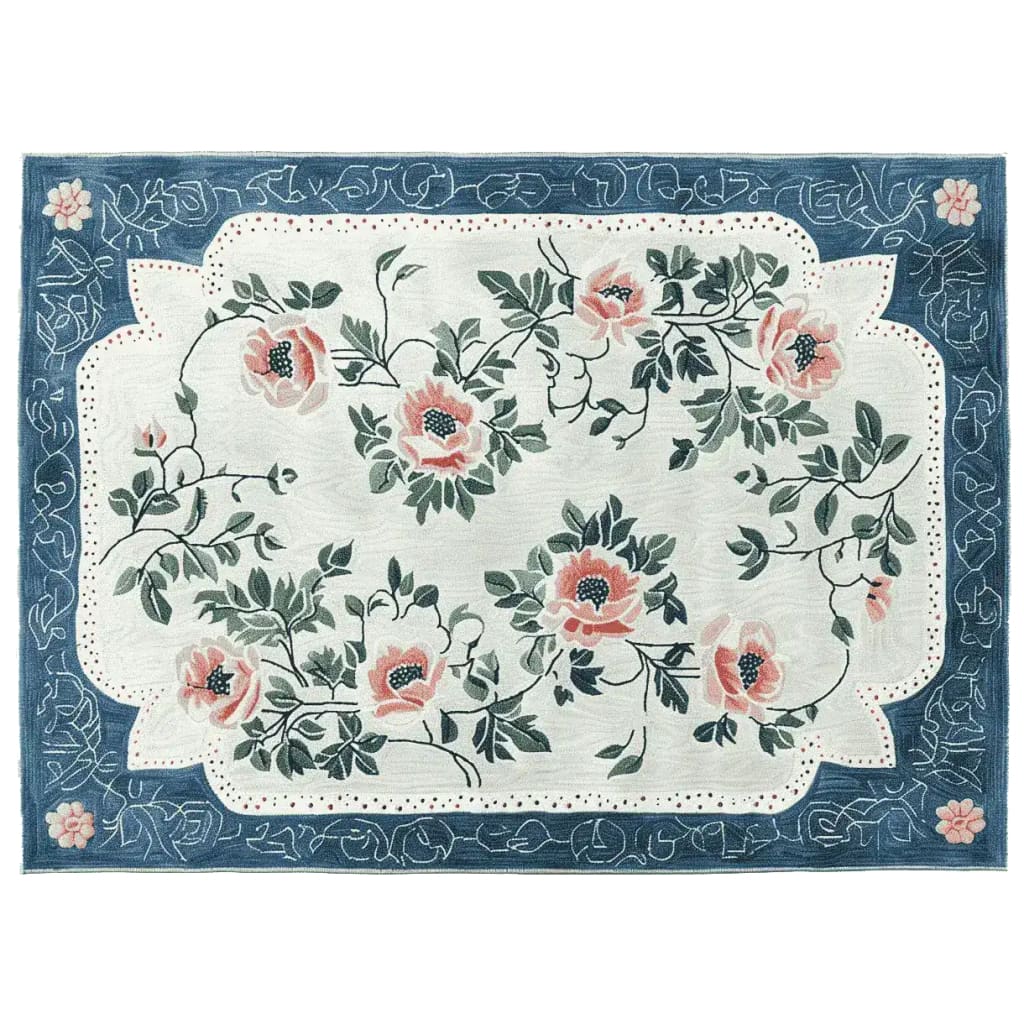 This Victorian Floral Dance Hand Tufted Rug is an elegant area rug featuring a beautiful floral design. The rug showcases pink and green flowers on a cream background with an intricate blue border, perfect for adding a touch of sophistication to living rooms. Ideal size for living room rugs 8x10, crafted from high-quality wool, offering both style and comfort.