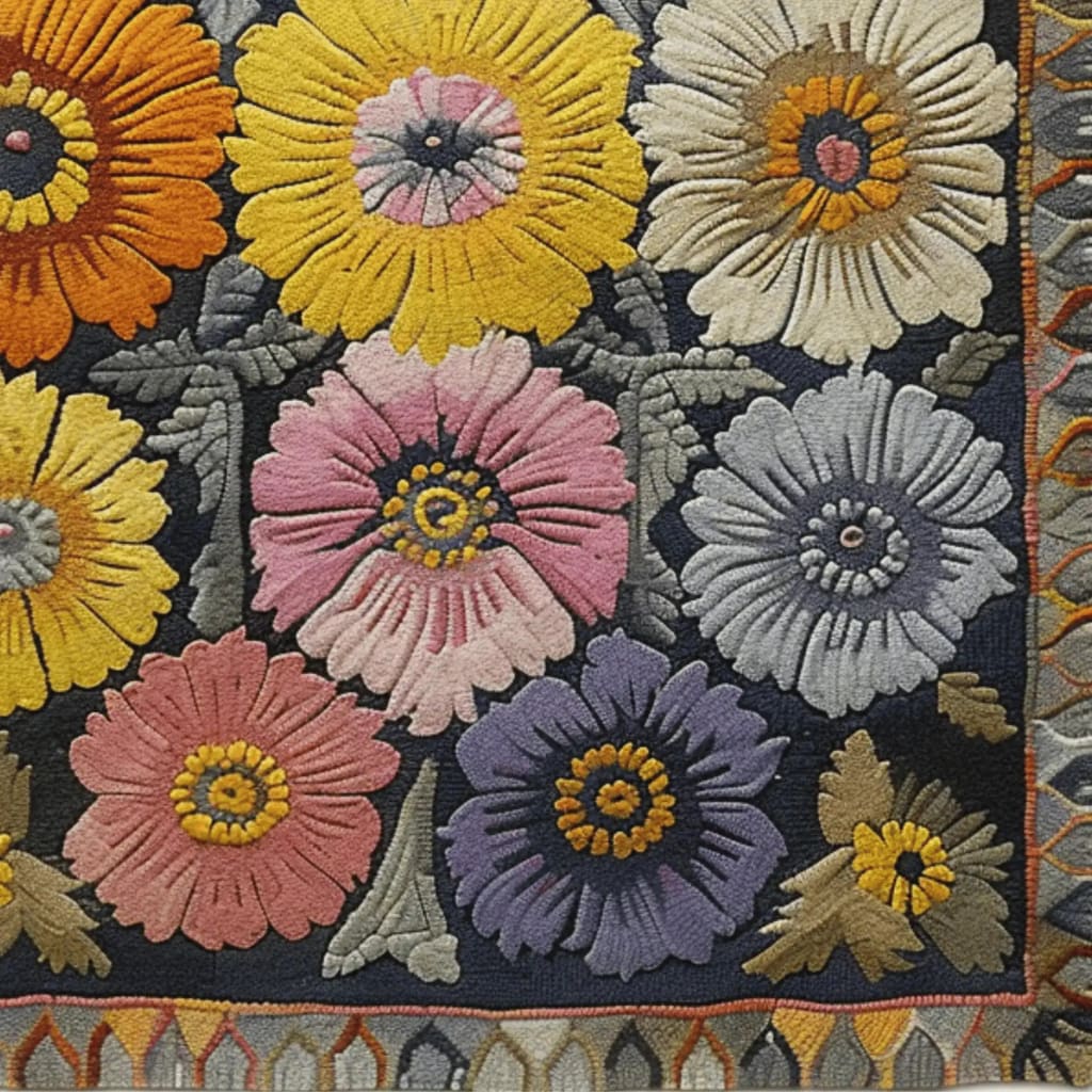 Close-up view of a Victorian Vignette hand-tufted wool rug, showcasing vibrant floral patterns in shades of yellow, pink, and blue. This vintage rug is perfect for large living room spaces, adding a touch of elegance and warmth with its intricate design and high-quality wool material.