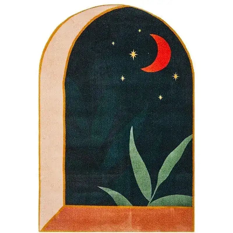 View of the Dark Night Hand-Tufted Area Rug featuring a unique arch design with a deep blue night sky, accented by a red crescent moon and stars, and green leaves at the bottom. This wool rug adds a touch of elegance and warmth, perfect for large living room rugs or living room rugs 8x10.