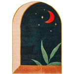 View of the Dark Night Hand-Tufted Area Rug featuring a unique arch design with a deep blue night sky, accented by a red crescent moon and stars, and green leaves at the bottom. This wool rug adds a touch of elegance and warmth, perfect for large living room rugs or living room rugs 8x10.