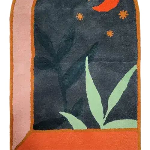 View of the Dark Night Hand-Tufted Area Rug featuring an abstract design with bold colors, ideal for large living room rugs. This wool rug showcases a dynamic pattern suitable for an 8x10 space, perfect for adding a statement to your home decor.