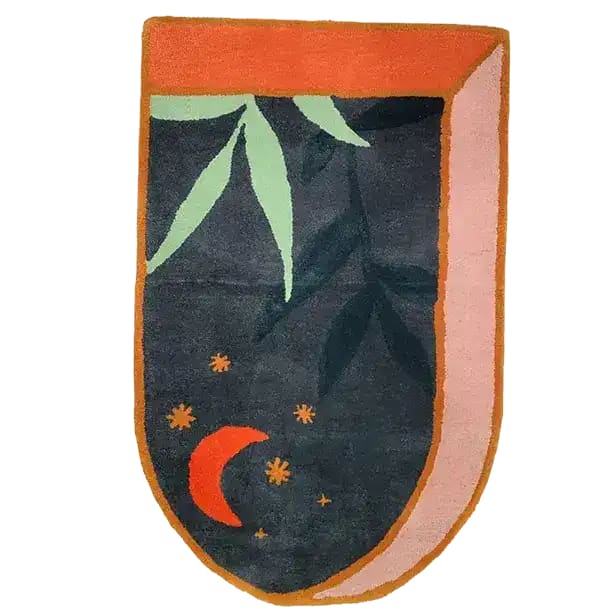 Unique hand-tufted area rug featuring an abstract night sky design with a crescent moon and stars, ideal for large living rooms. This 8x10 wool rug combines deep blacks, vibrant oranges, and greens, adding a bold statement to any living space.