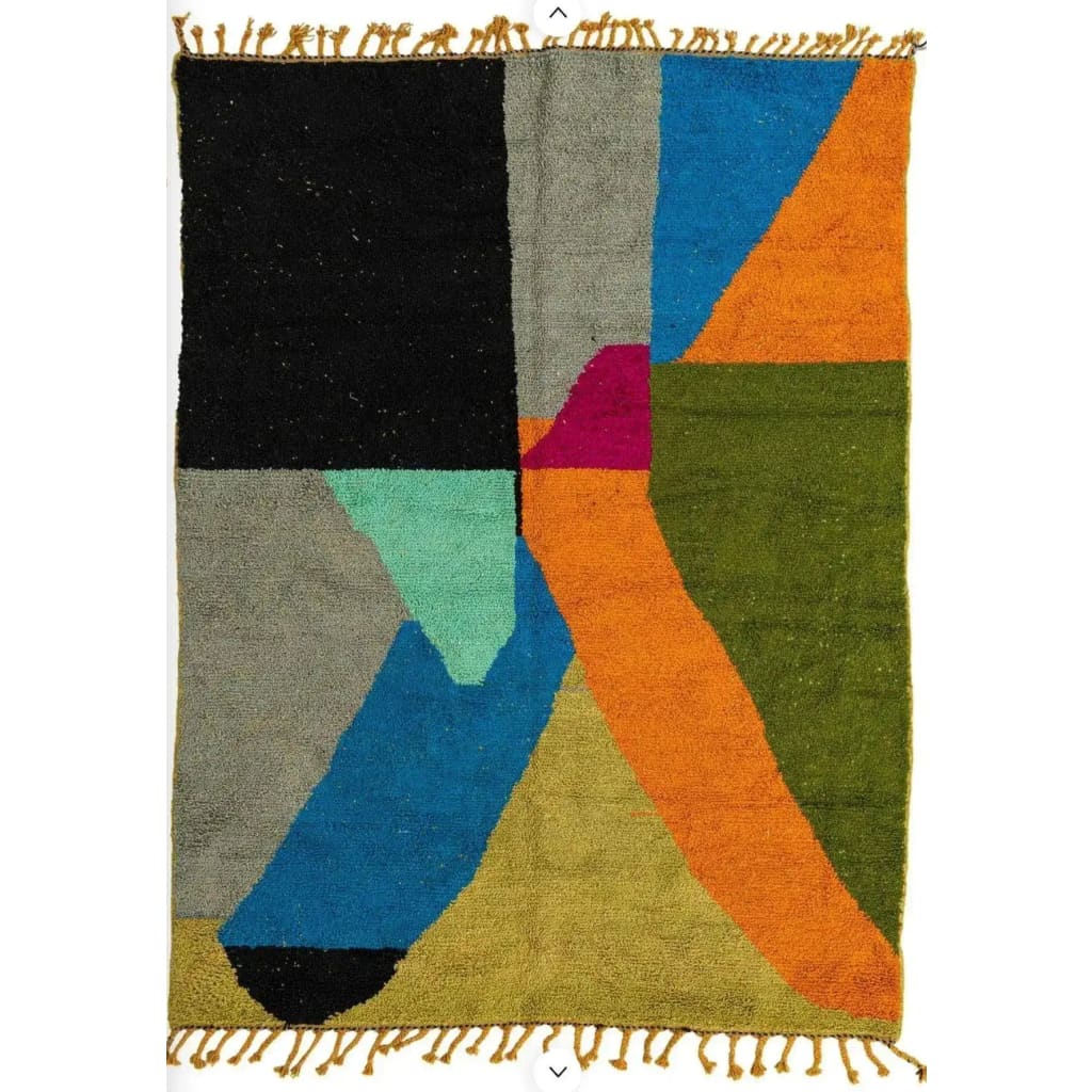 Top view of the Vinai Moroccan Berber Handwoven Colorful Runner Rug, showcasing a vibrant abstract design with bold geometric patterns. Perfect as a kitchen rug, wool rug, bathroom runner rug, hallway runner rug, or kitchen runner rug, adding a pop of color to any space.