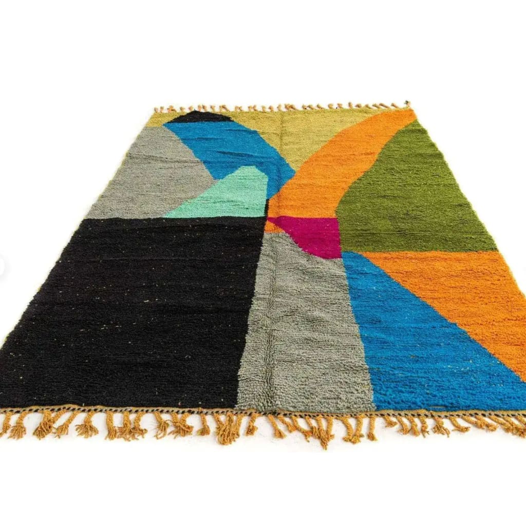 Colorful Moroccan Berber handwoven runner rug featuring vibrant geometric patterns in shades of blue, orange, green, and pink. Ideal as a wool rug for kitchens, bathrooms, or hallways, adding a splash of color and texture to any space.