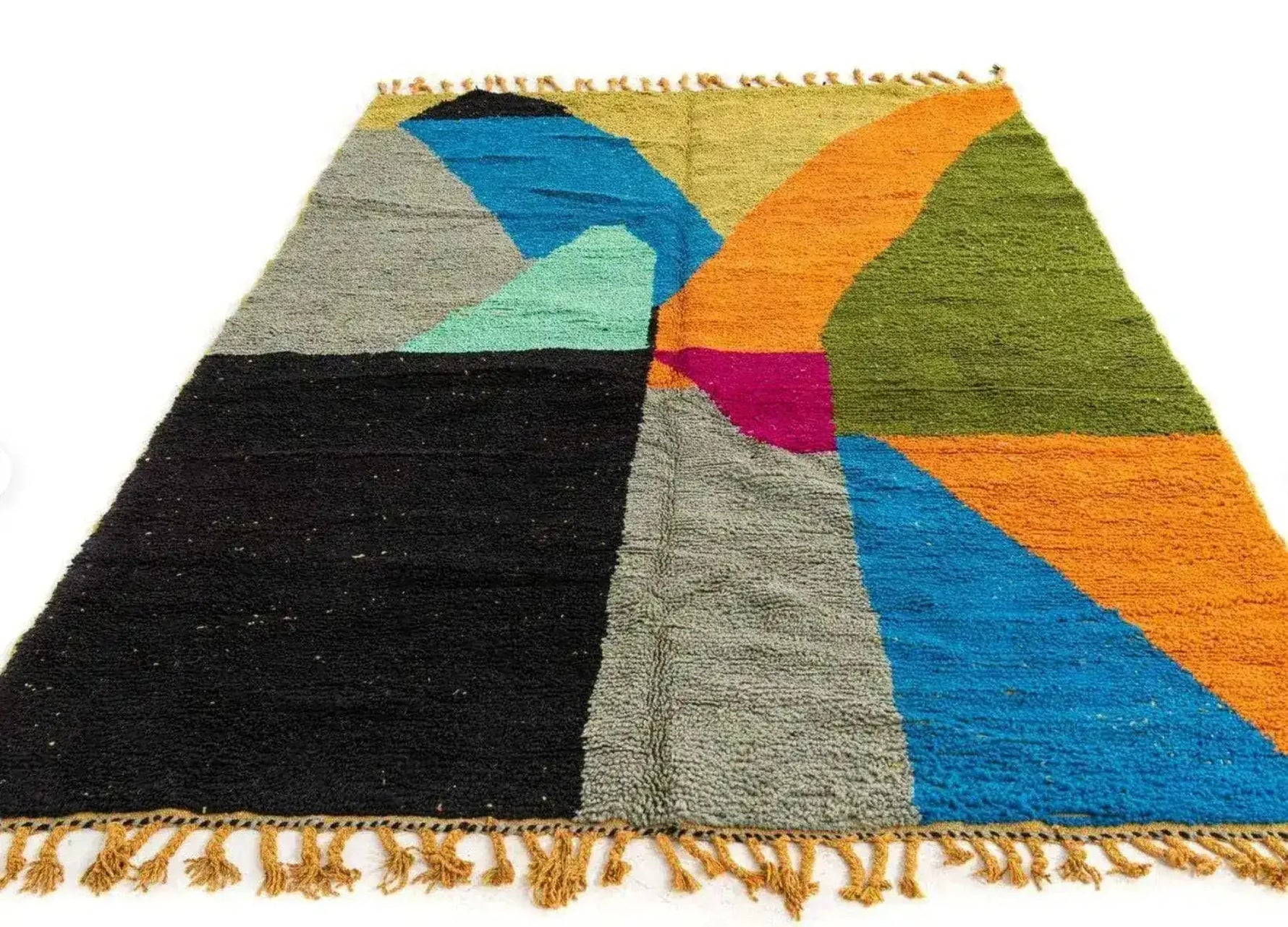 Colorful Moroccan Berber handwoven runner rug featuring vibrant geometric patterns in shades of blue, orange, green, and pink. Ideal as a wool rug for kitchens, bathrooms, or hallways, adding a splash of color and texture to any space.