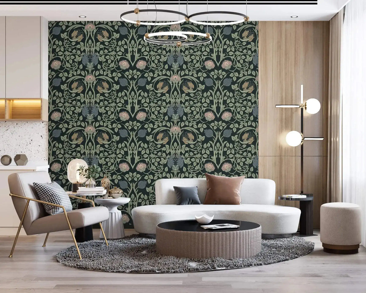 Vine and flower wallpaper as feature wall in luxury living room with cream curved sofa and gold ring chandelier