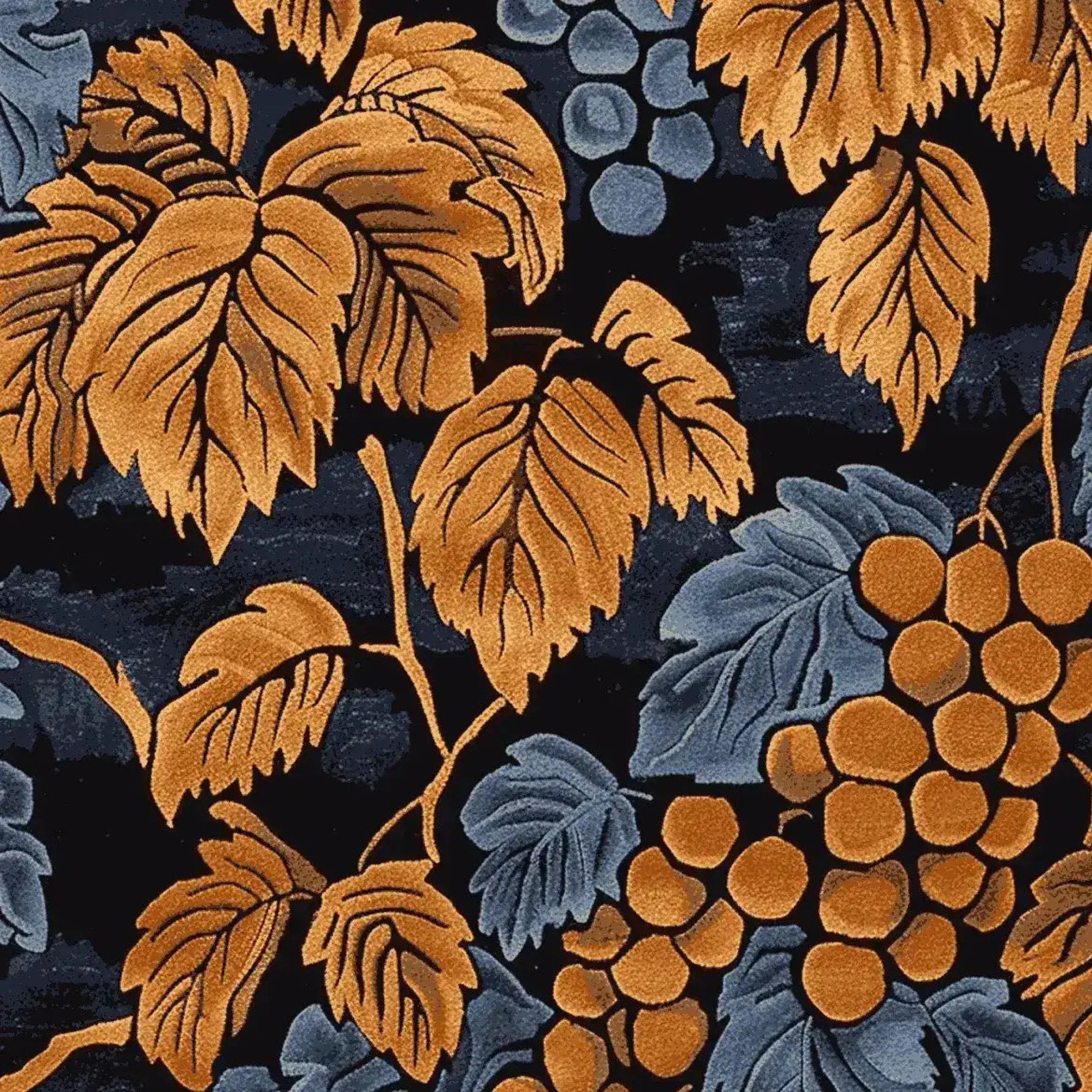 The Vine Noir Hand Tufted Rug features a striking vintage design with lush orange and blue grapevine patterns. This wool area rug is perfect for adding a touch of elegance to any living room. Ideal for those seeking living room rugs in the 8x10 size, this piece combines classical charm with modern craftsmanship.