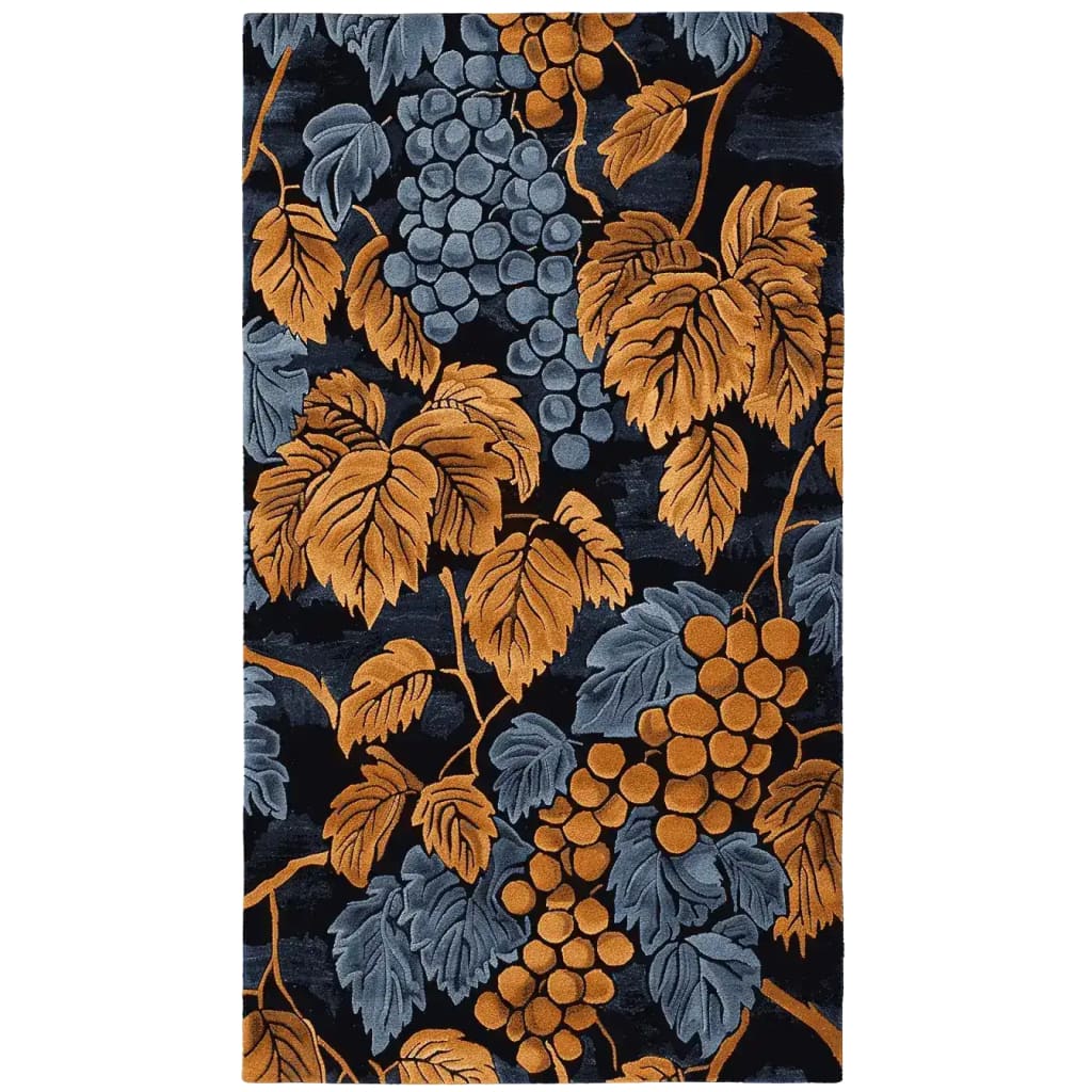 The Vine Noir Hand Tufted Rug features a stunning vintage design with intricate grape and leaf patterns in rich shades of orange and gray against a dark background. This wool area rug, perfect for living room decor, measures 8x10 and adds an elegant touch to any space.