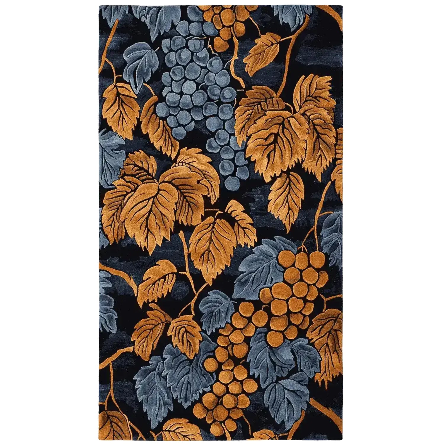 The Vine Noir Hand Tufted Rug features a stunning vintage design with intricate grape and leaf patterns in rich shades of orange and gray against a dark background. This wool area rug, perfect for living room decor, measures 8x10 and adds an elegant touch to any space.