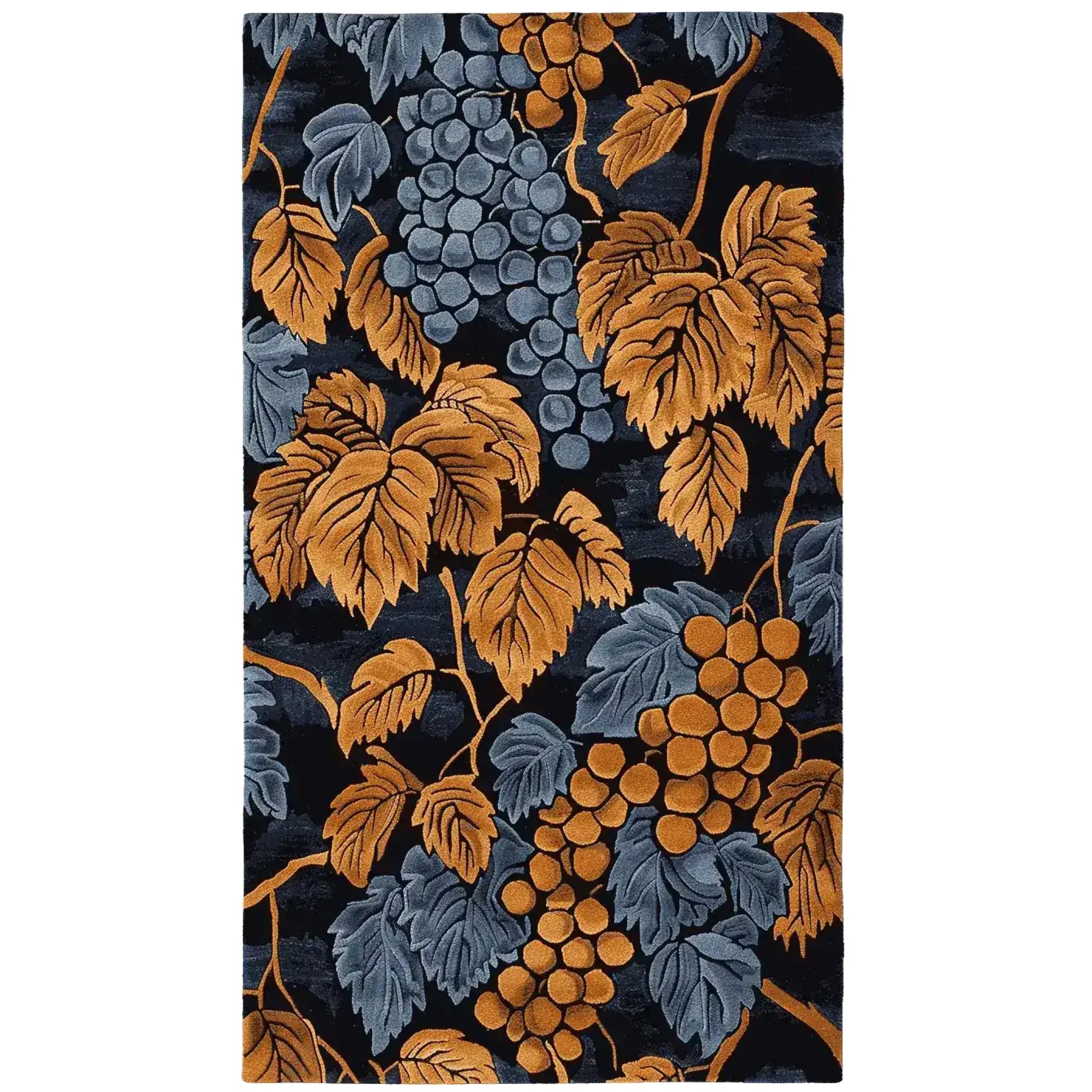 The Vine Noir Hand Tufted Rug features a stunning vintage design with intricate grape and leaf patterns in rich shades of orange and gray against a dark background. This wool area rug, perfect for living room decor, measures 8x10 and adds an elegant touch to any space.