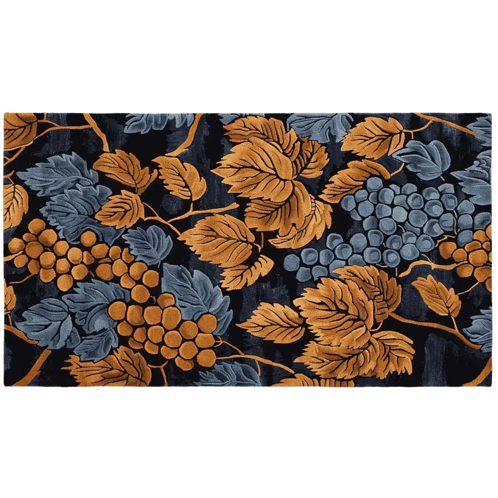 A beautifully designed Vine Noir Hand Tufted Area Rug showcasing an intricate vintage pattern of orange and blue leaves and clusters of grapes. This wool rug is perfect for adding elegance to any living room, especially in an 8x10 size.