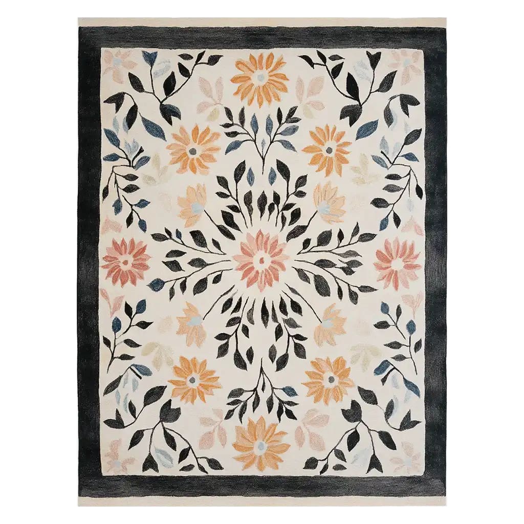 Beautiful area rug showcasing a floral design with intricate patterns in warm tones, perfect for enhancing living room decor. This hand-tufted wool rug measures 8x10, offering a cozy and stylish addition to any home.