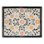 A beautifully crafted area rug featuring a floral pattern with vibrant orange, pink, and blue flowers and elegant black leaves, perfect for adding a touch of nature to your living room. This wool rug, sized 8x10, showcases a hand-tufted design that enhances its luxurious feel.