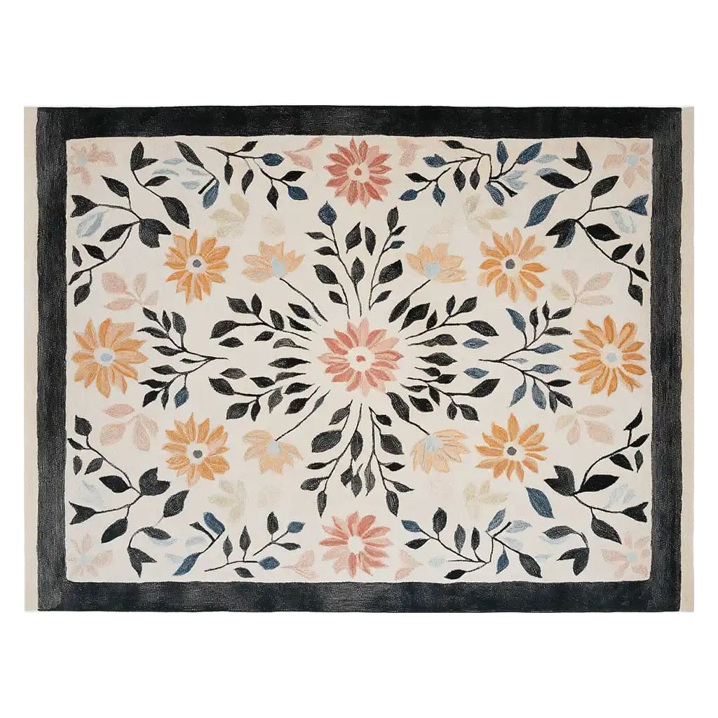 A beautifully crafted area rug featuring a floral pattern with vibrant orange, pink, and blue flowers and elegant black leaves, perfect for adding a touch of nature to your living room. This wool rug, sized 8x10, showcases a hand-tufted design that enhances its luxurious feel.