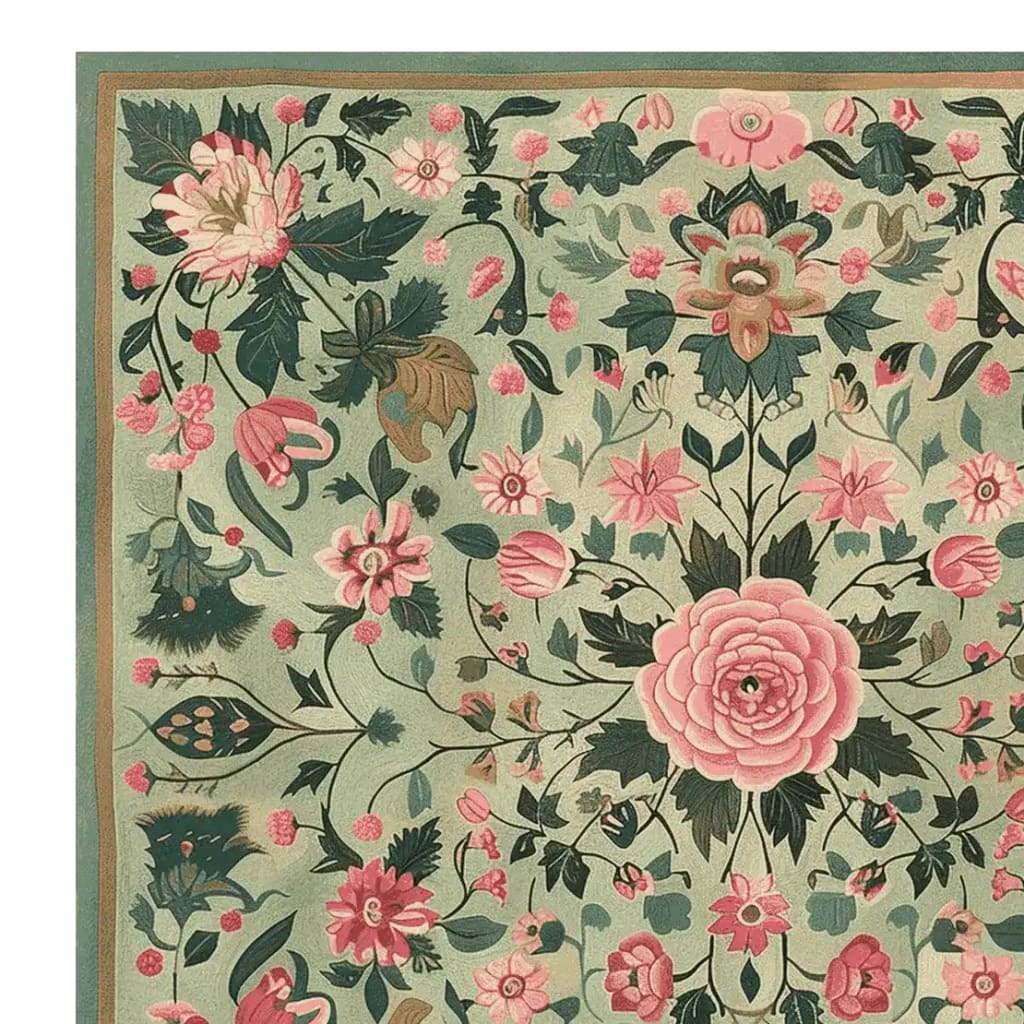 Close-up view of the Vinework Blossom Field Hand Tufted Rug, showcasing a vibrant floral design. This wool area rug features intricate pink and green blossoms, perfect as a square area rug for living rooms, adding a fresh floral touch to any space.