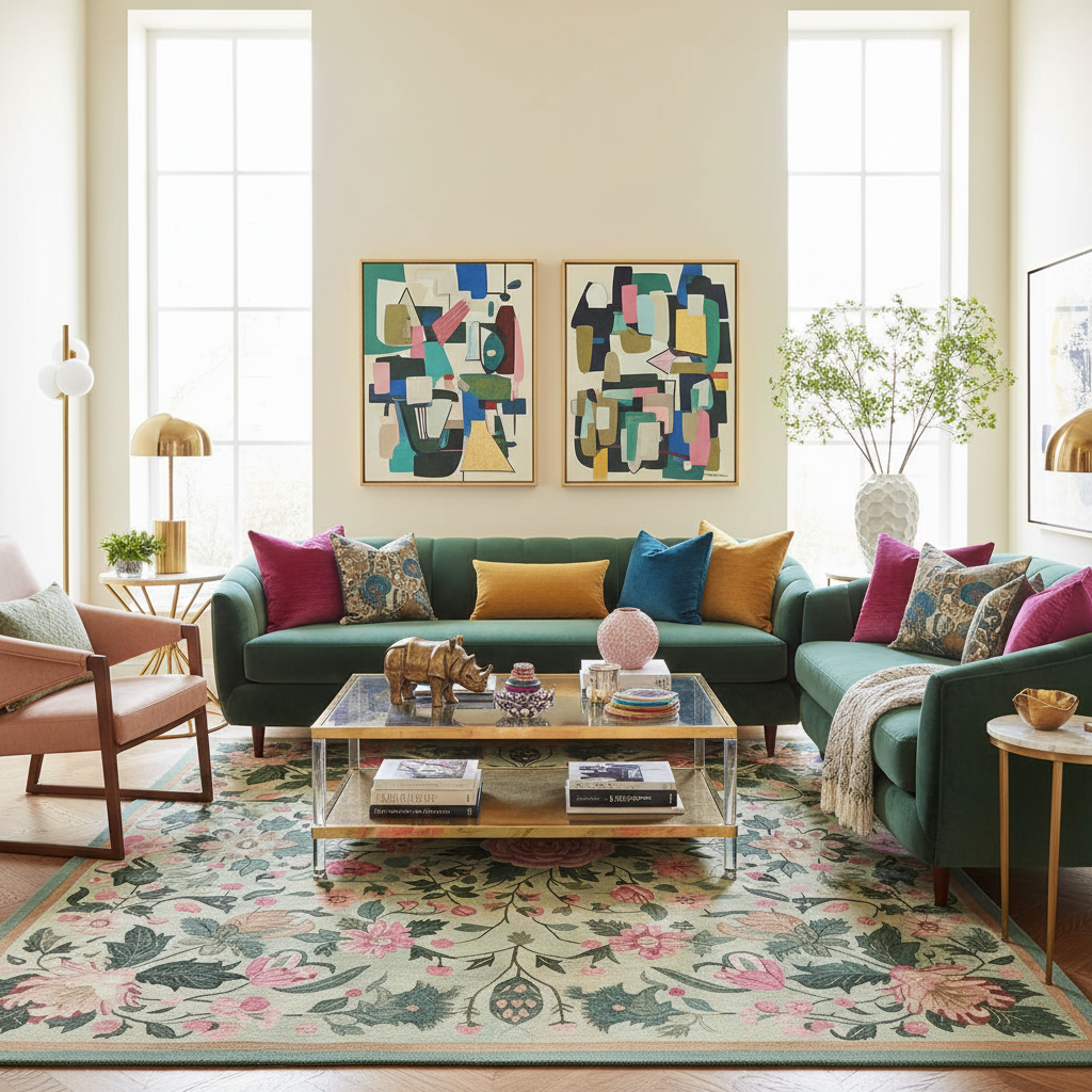 Living room with a green sofa, colorful pillows, a floral hand made rug, and abstract art on the wall.