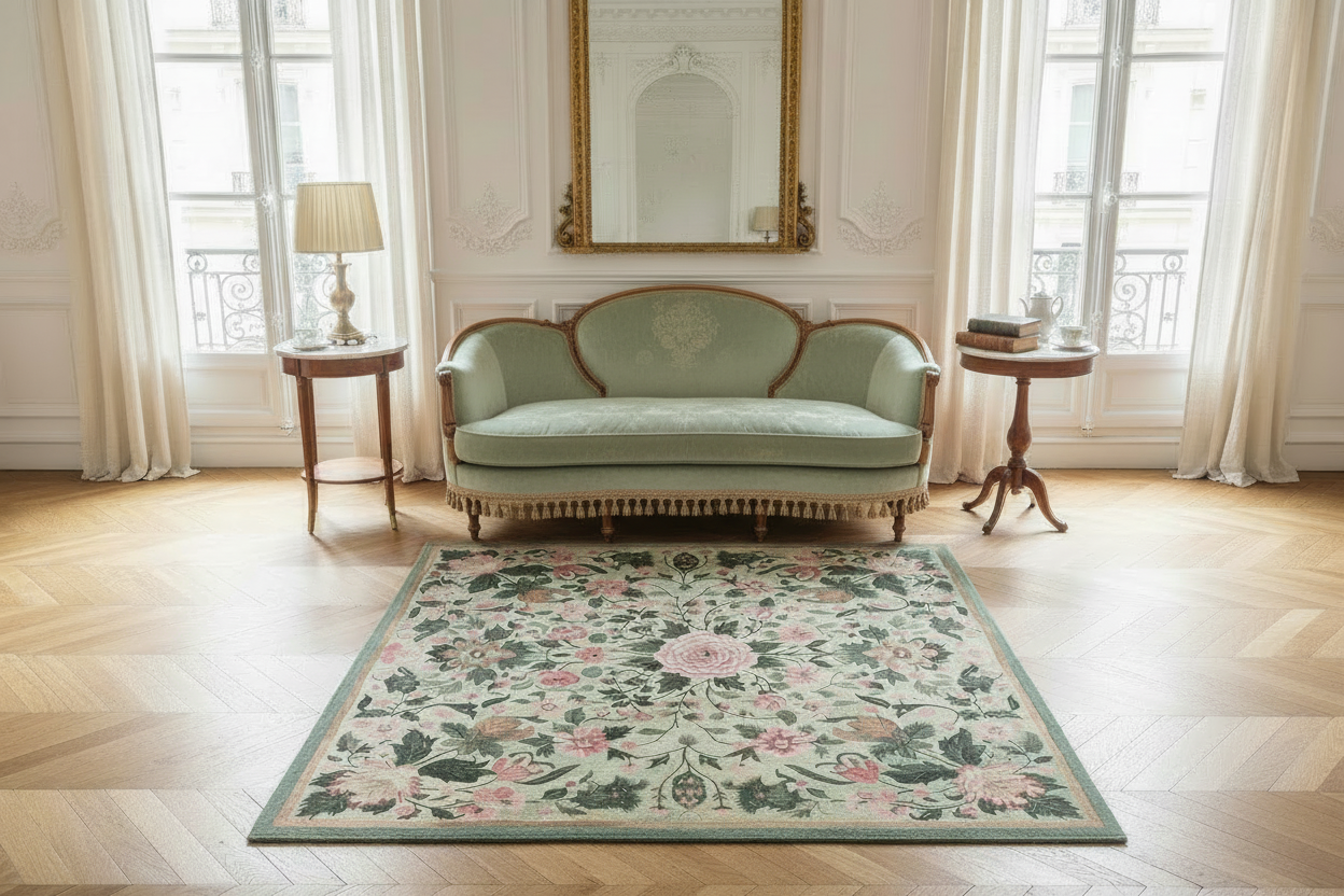 Decorative rug with floral pattern in a room with a sofa and side tables.