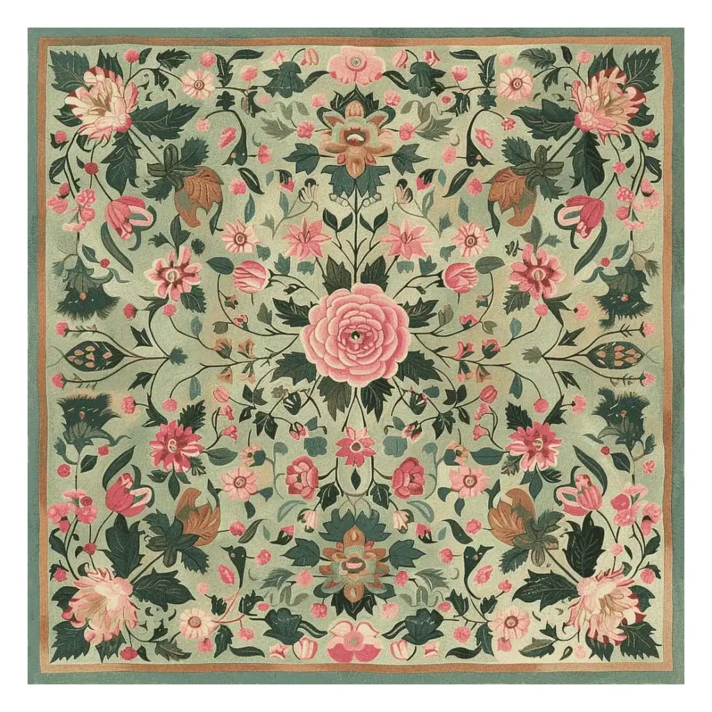 A beautifully detailed Vinework Blossom Field Hand Tufted Rug, showcasing an intricate floral design with lush pink and green patterns. This square area rug, crafted from high-quality wool, is perfect for adding a touch of elegance to any living room. The floral rug's vibrant design makes it an ideal centerpiece among area rugs for living room spaces.
