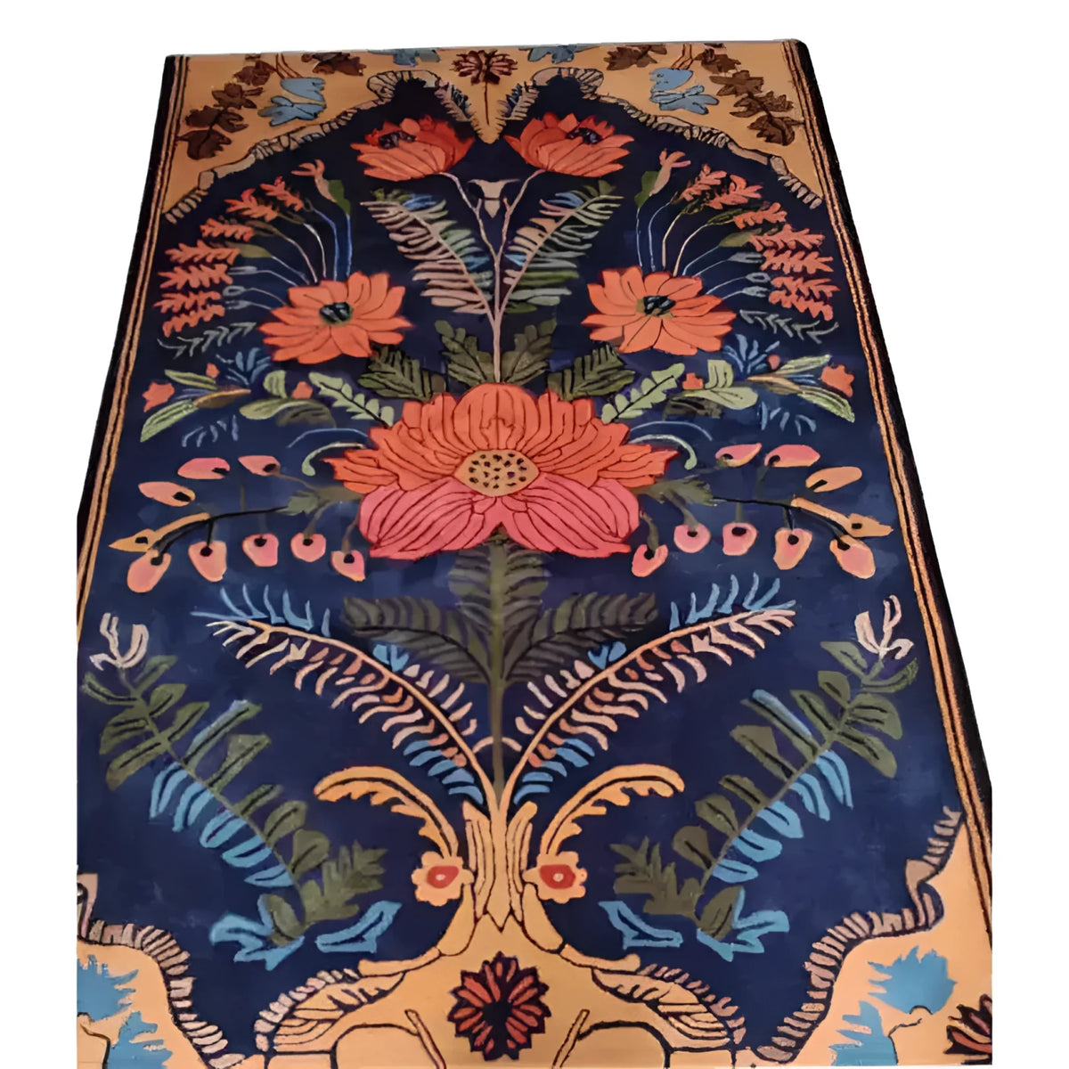 A vibrant vintage Aurum Garden hand-tufted area rug with a striking floral design. This wool rug features bold orange and blue flowers with intricate green leaves on a deep navy background, perfect for adding a touch of elegance to any living room. Ideal as a living room area rug in an 8x10 size, this piece combines classic vintage charm with beautiful floral patterns.