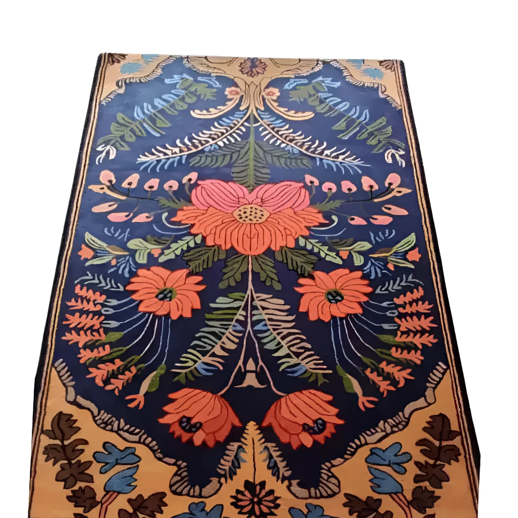 A beautifully detailed vintage Aurum Garden hand-tufted area rug showcasing vibrant floral patterns in orange and green on a deep blue background. This wool rug is perfect for adding a touch of elegance to your living room. Ideal for living room rugs 8x10, this vintage floral rug enhances the aesthetic appeal of any living room area.