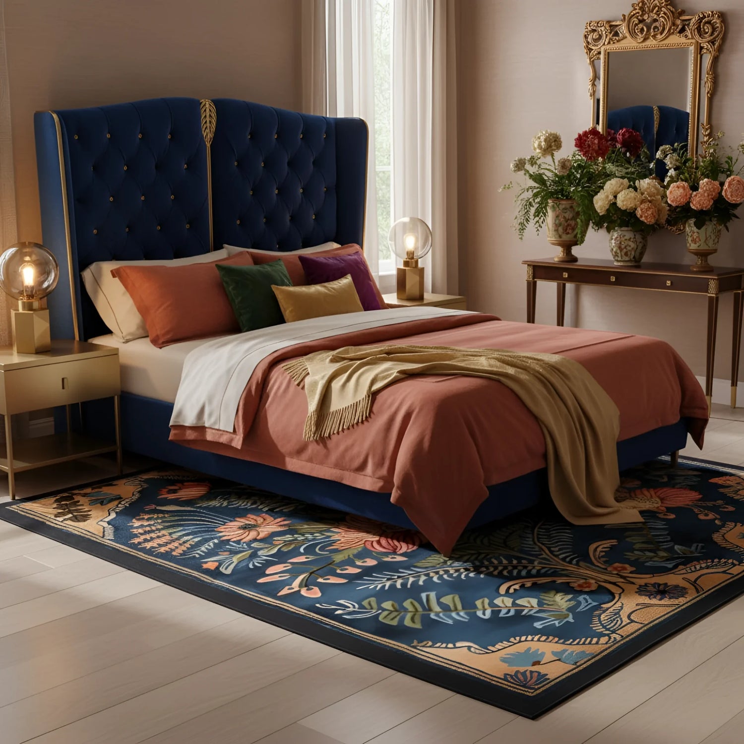 Vintage Aurum Garden navy floral rug beneath bed with tufted blue velvet headboard
