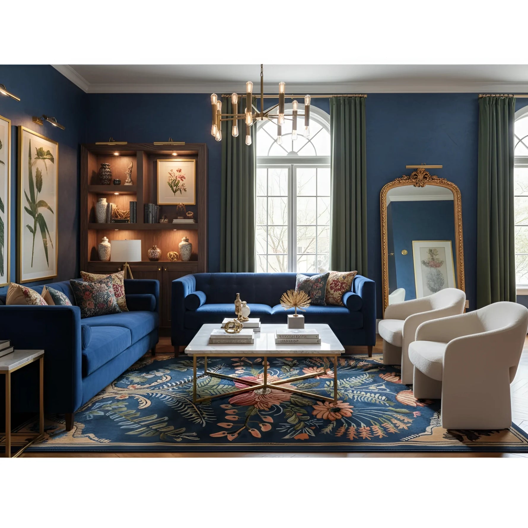 Vintage Aurum Garden navy floral rug in living room with blue sofas and cream chairs