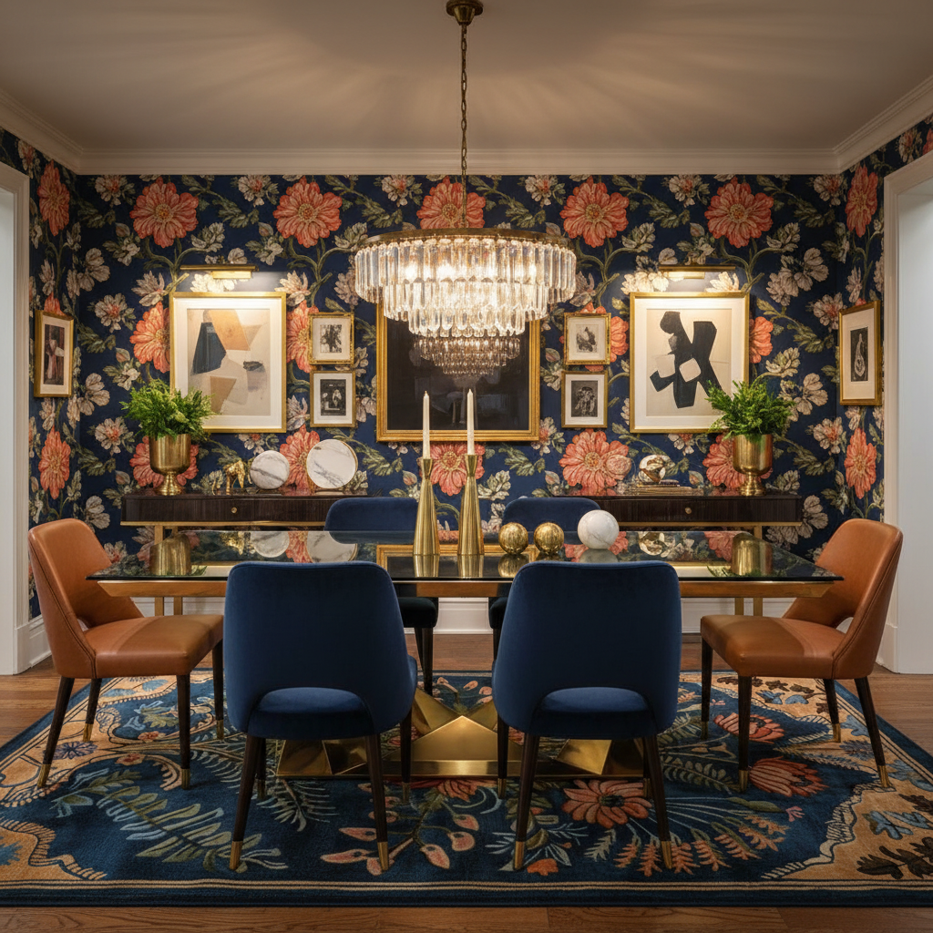Vintage Aurum Garden navy rug with gold floral border in dining room with floral wallpaper