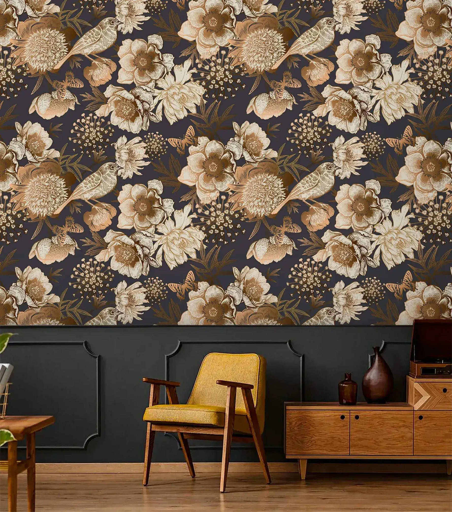 Vintage bird garden wallpaper in sepia florals on dark navy, styled above wainscoting with yellow chair