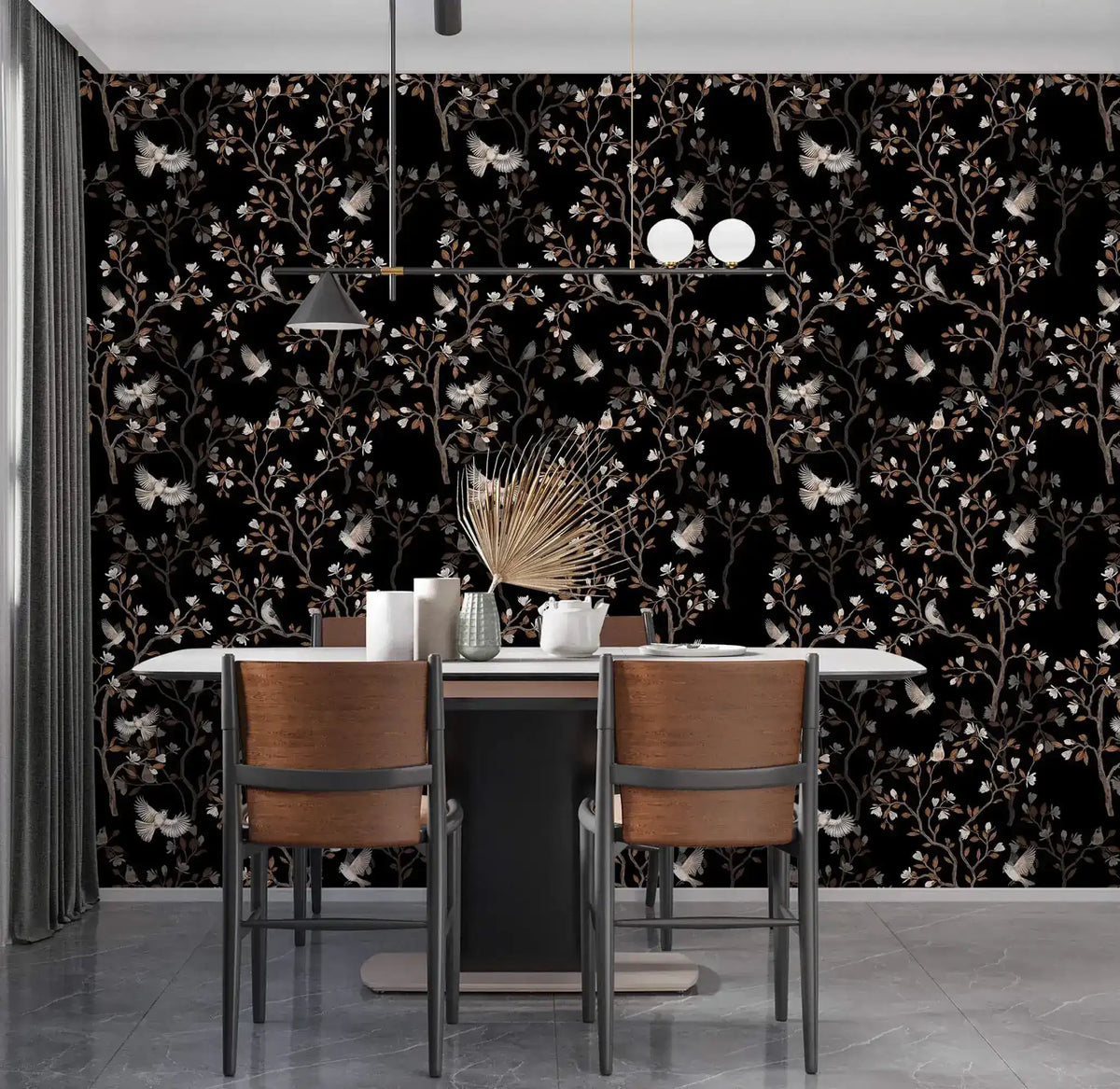 Vintage bird haven wallpaper with birds and blossoming branches on black as a dining room feature wall
