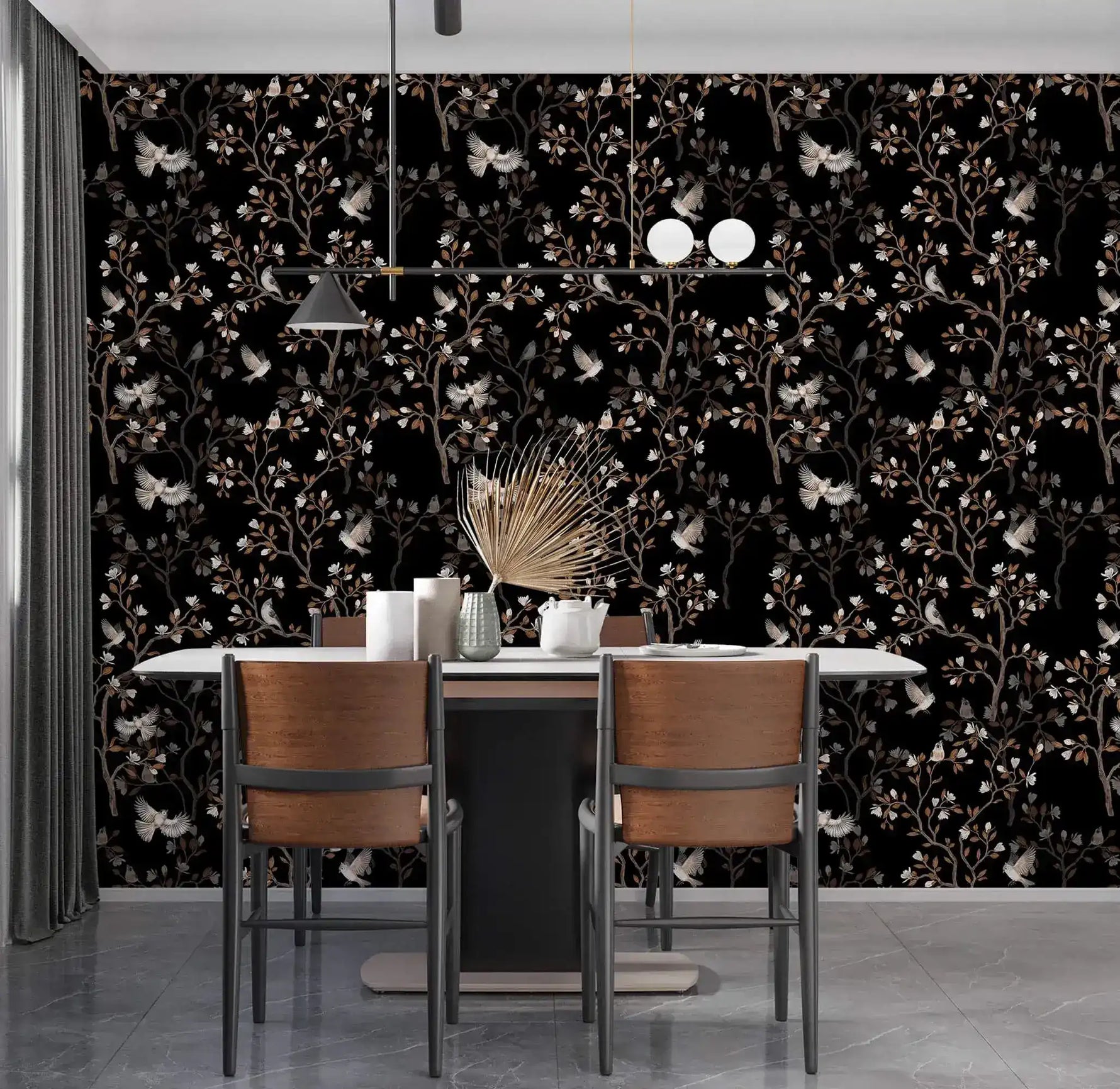Vintage bird haven wallpaper with birds and blossoming branches on black as a dining room feature wall