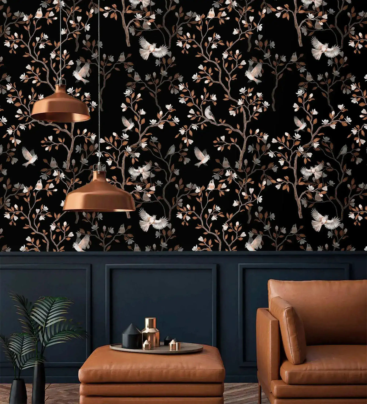 Vintage bird haven wallpaper with birds and blossoming branches on black above navy panelling with copper pendants