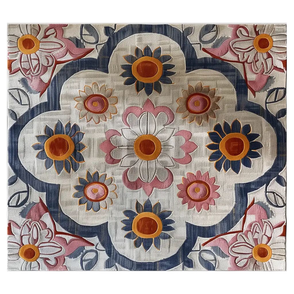 Vintage Blossoms Hand Tufted Wool Rug featuring a vibrant floral design. This area rug showcases intricate patterns with large blooms in soft pink, blue, and orange hues. Perfect for adding a touch of elegance to large living rooms, this wool rug blends style and comfort, making it an ideal choice for living room area rugs.