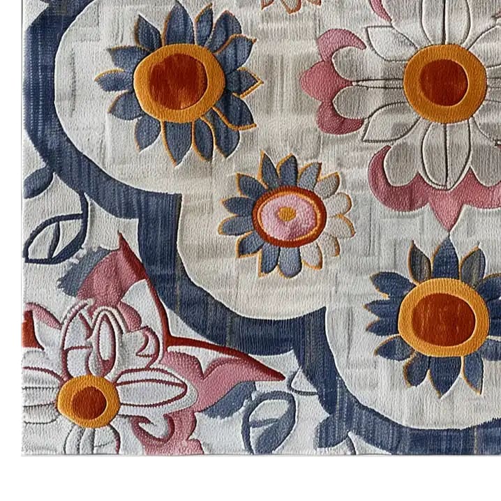 Close-up view of a Vintage Blossoms Hand Tufted Wool Rug, showcasing its vibrant floral design in blue, pink, and orange hues. Perfect as an area rug for large living rooms, this wool rug brings a touch of elegance and warmth to any space.
