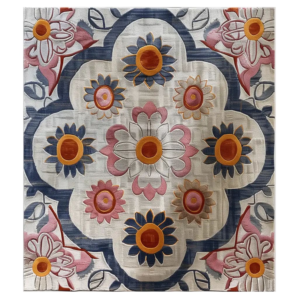 A vibrant area rug featuring a floral design with large blossoms in shades of pink, white, and blue. This hand-tufted wool rug is perfect for large living room spaces, adding a touch of elegance and comfort. Ideal as a floral rug centerpiece in living room area rugs collections.
